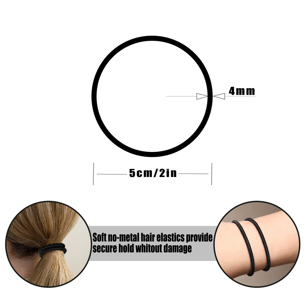 Close-up of Hageolan hair ties showing thickness and elasticity