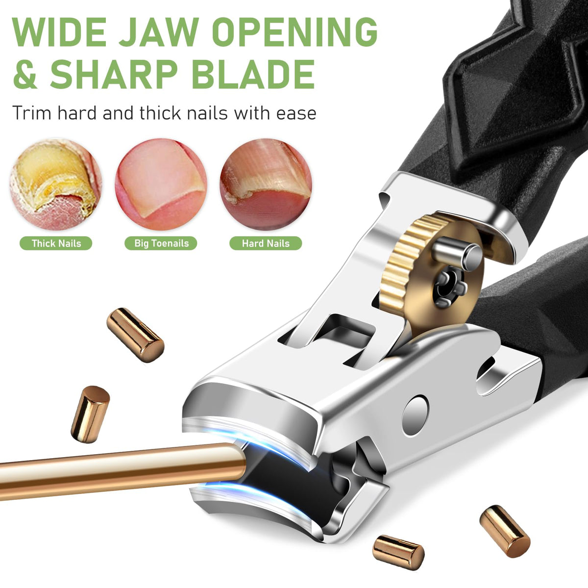 Close-up of HANDWENG toenail clippers showing sharp stainless steel blades