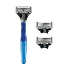 Close-up of Harry's Truman razor handle with textured grip