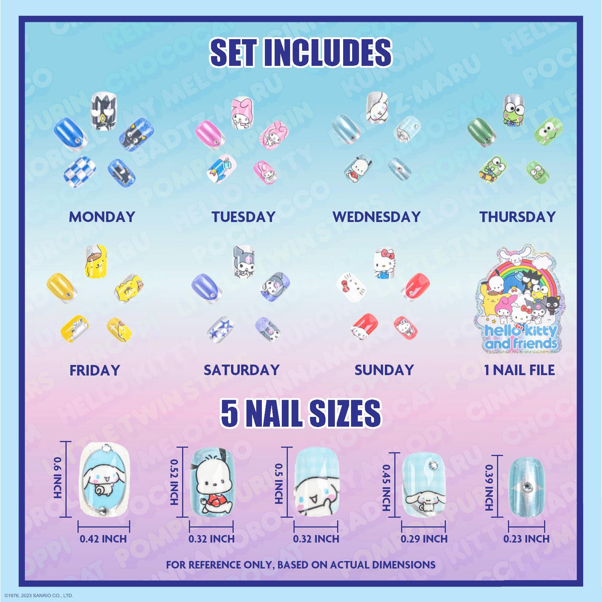 Close-up of Hello Kitty themed press-on nails in various sizes