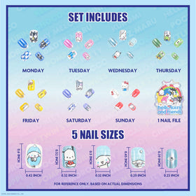 Close-up of Hello Kitty themed press-on nails in various sizes