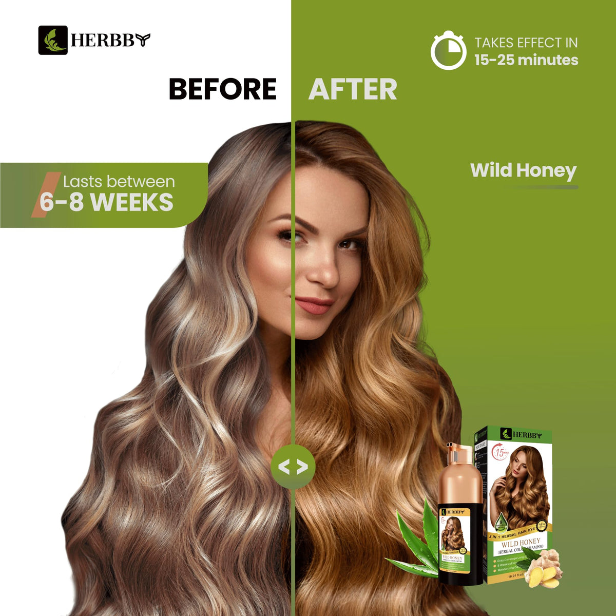 Close-up of HERBBY Hair Color Shampoo bottle with herbal extracts