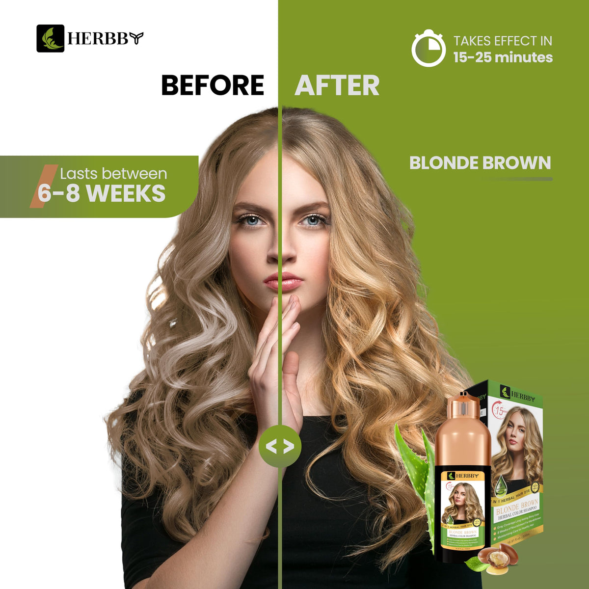 Close-up of HERBBY Hair Color Shampoo showing herbal extracts