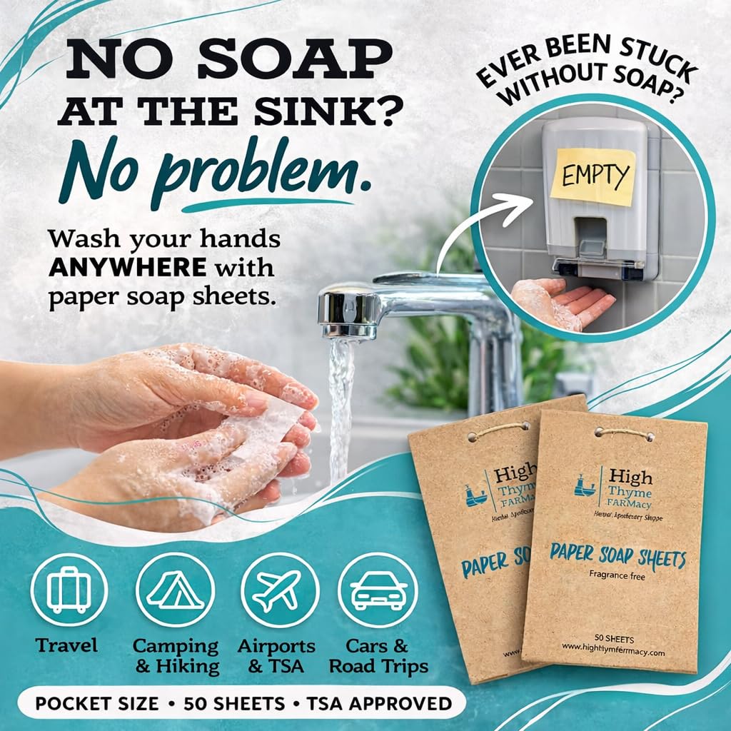 Close-up of High Thyme FARMacy Travel Soap Sheets showing individual soap sheet
