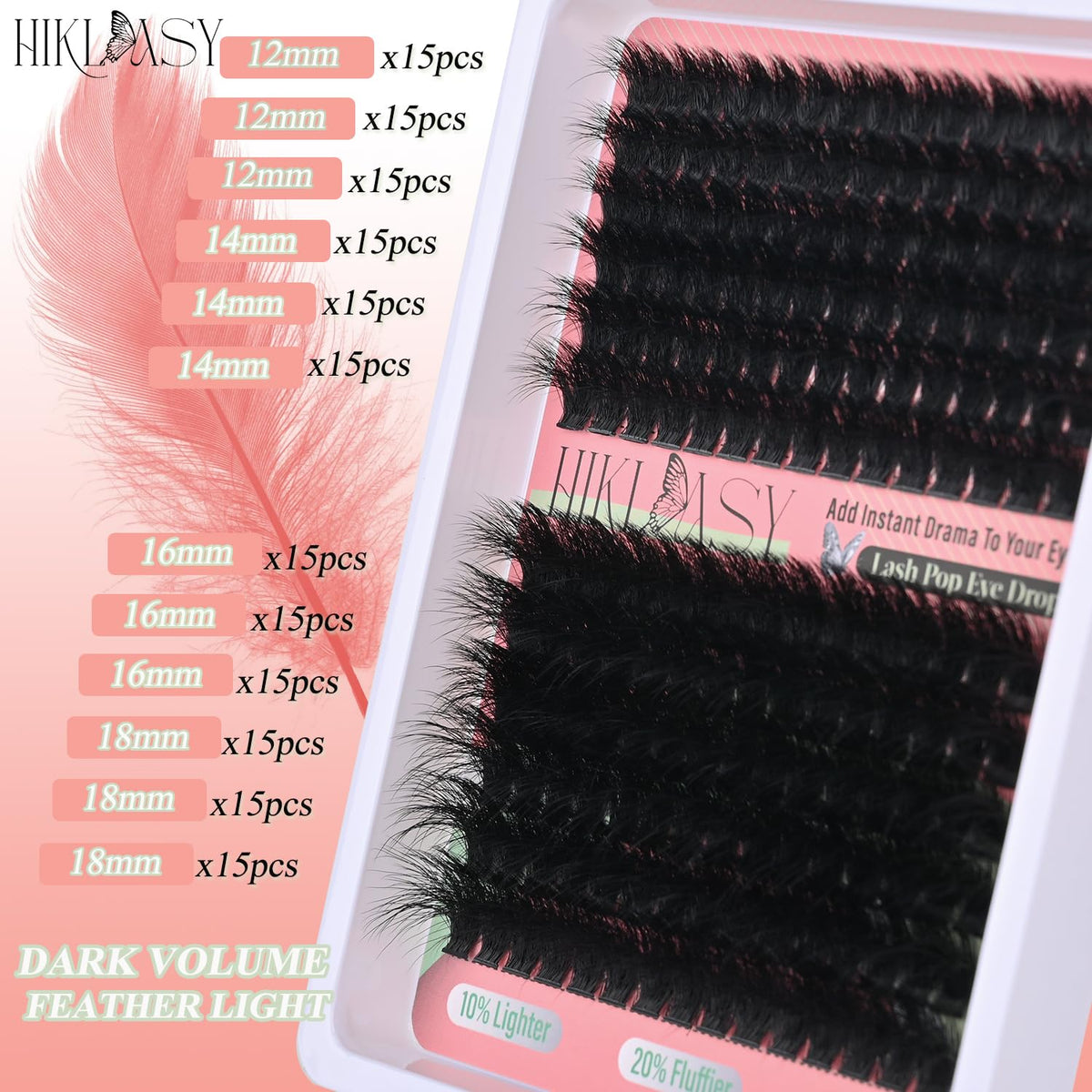 Close-up of HK HIKLASY 12-18mm lash clusters in tray