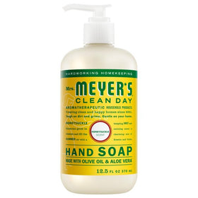 Close-up of Honeysuckle liquid hand soap bottle from Mrs. MEYER'S
