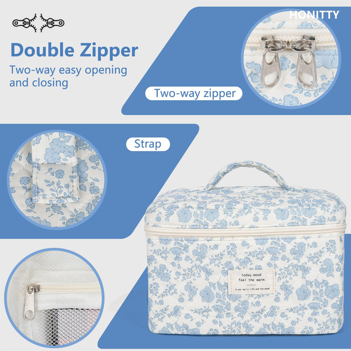 Close-up of honitty makeup bag zipper and floral fabric