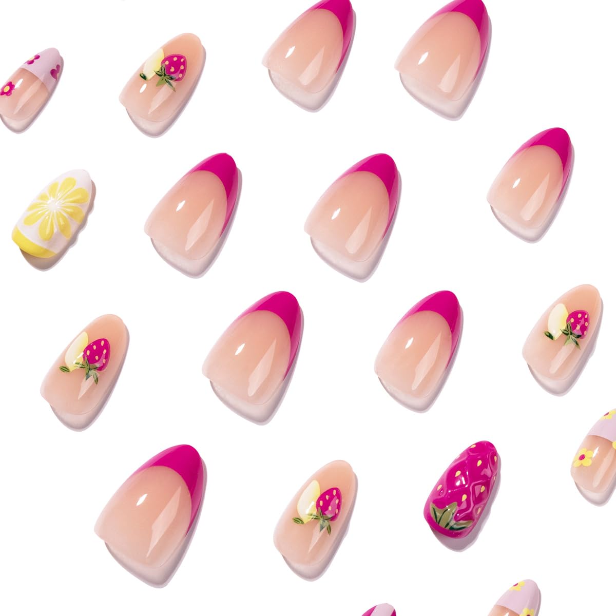 Close-up of HPYFOI Press On Nails showing strawberry and lemon design