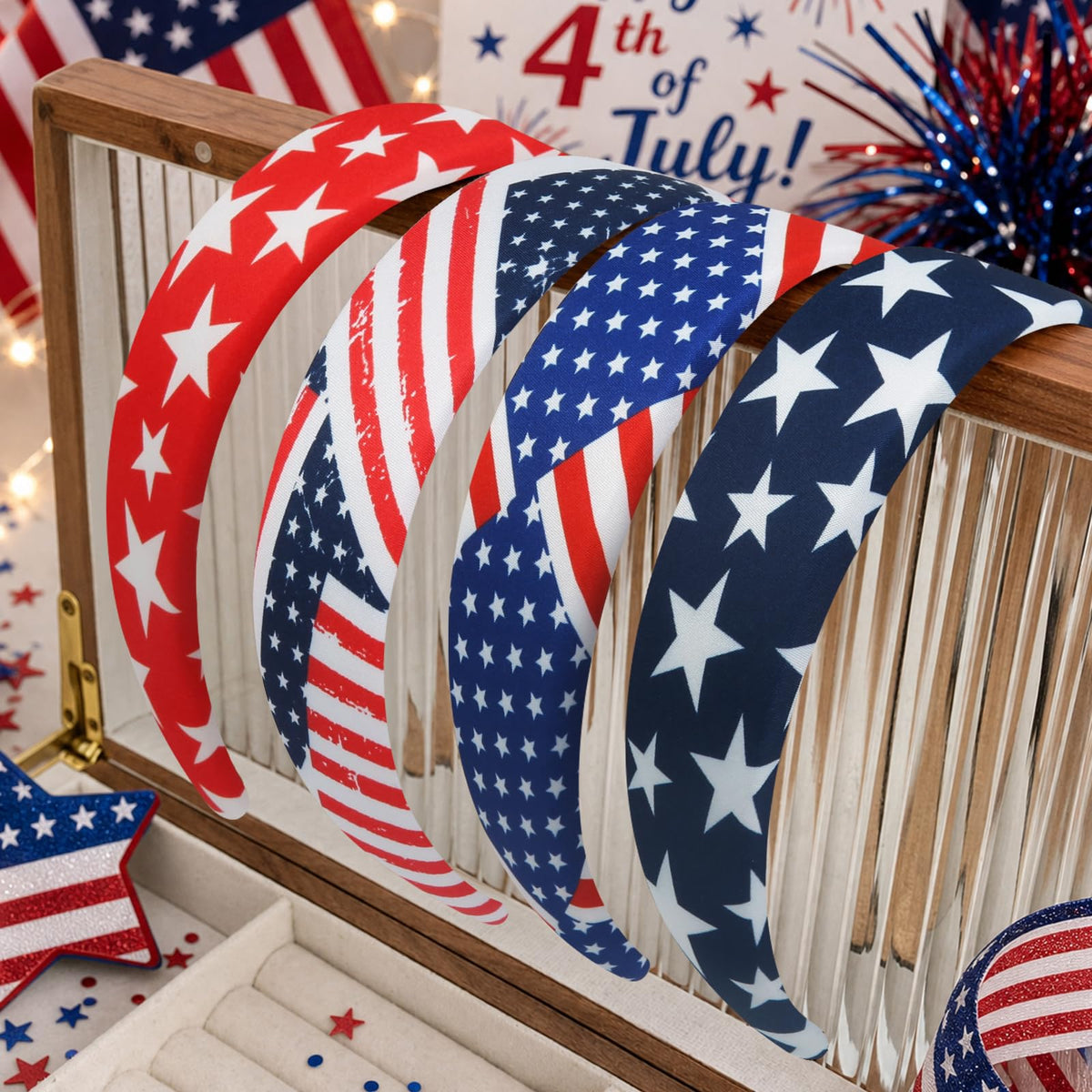Close-up of Huachi 4th of July headband with stars and stripes pattern