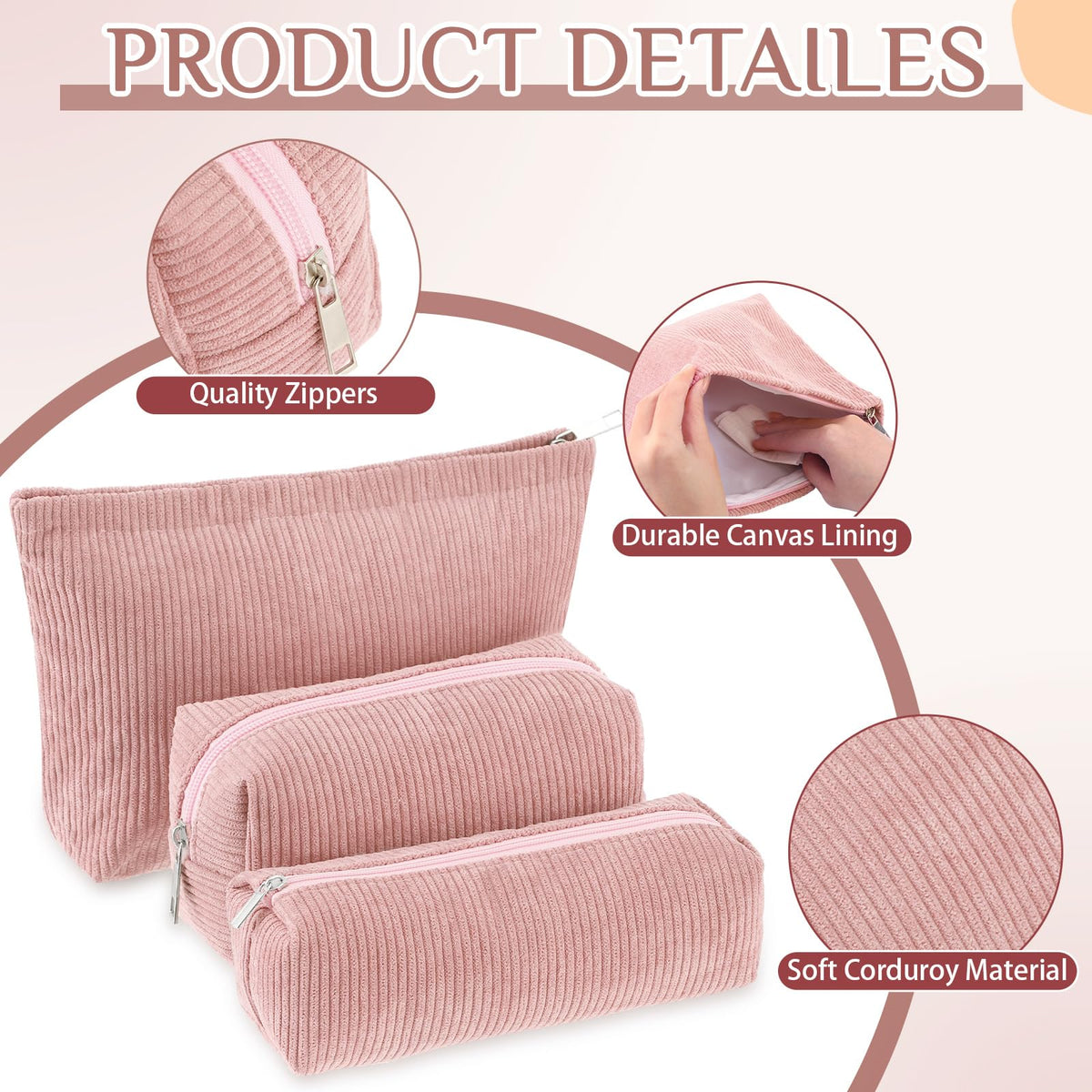 Close-up of Huhumy pink corduroy makeup bag texture