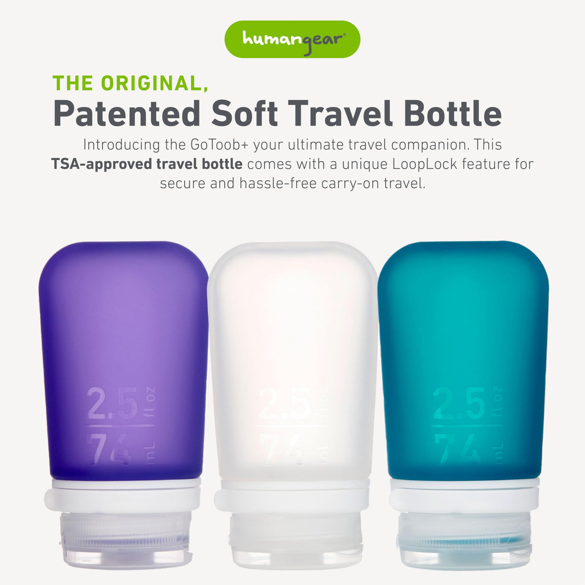Close-up of humangear GoToob+ bottle showing LoopLock cap