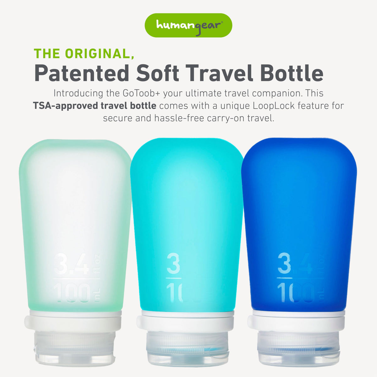 Close-up of humangear GoToob+ bottle showing LoopLock lid