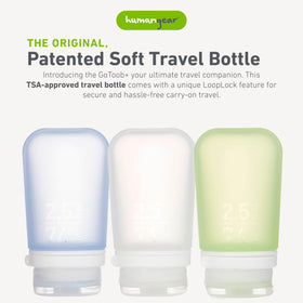 Close-up of humangear GoToob+ bottle showing secure LoopLock lid