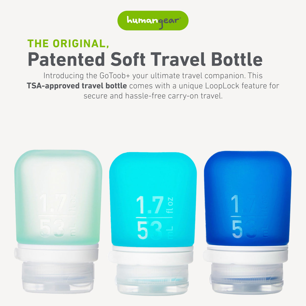 Close-up of humangear GoToob+ bottle with LoopLock cap