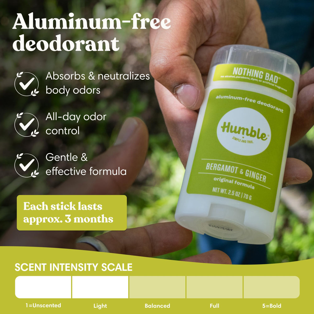 Close-up of HUMBLE deodorant stick showing natural ingredients