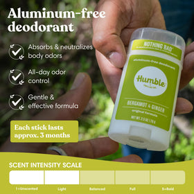 Close-up of HUMBLE deodorant stick showing natural ingredients