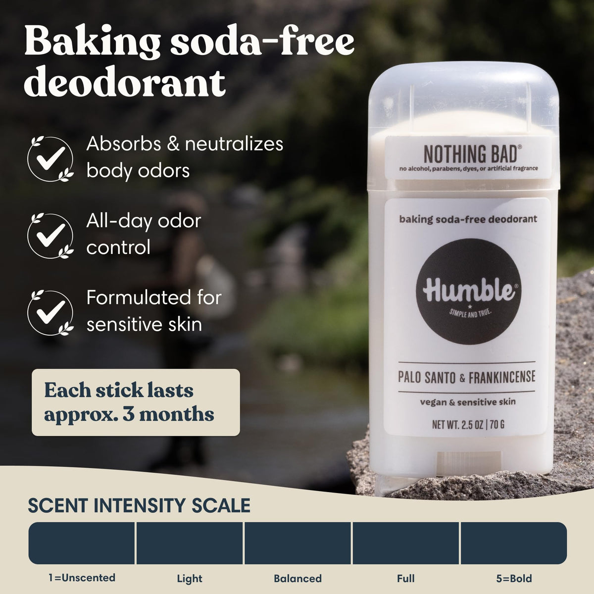 Close-up of HUMBLE deodorant stick showing Palo Santo & Frankincense label