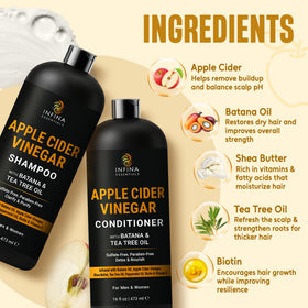 Close-up of INFINA ESSENTIALS Apple Cider Vinegar Shampoo bottle