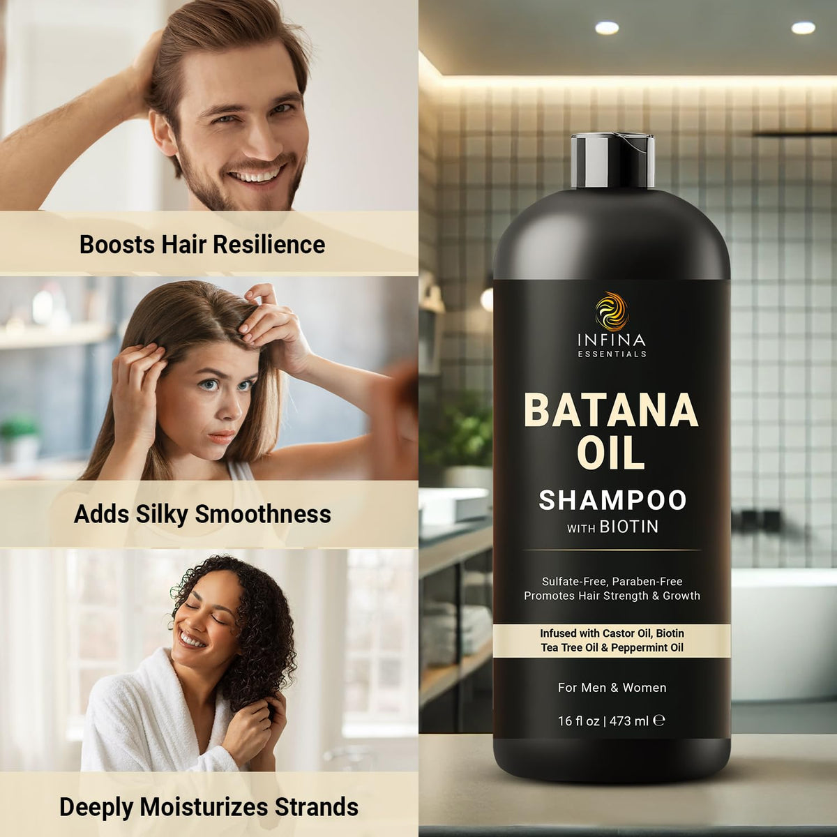 Close-up of INFINA ESSENTIALS Batana Oil Shampoo texture