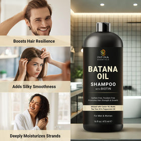 Close-up of INFINA ESSENTIALS Batana Oil Shampoo texture