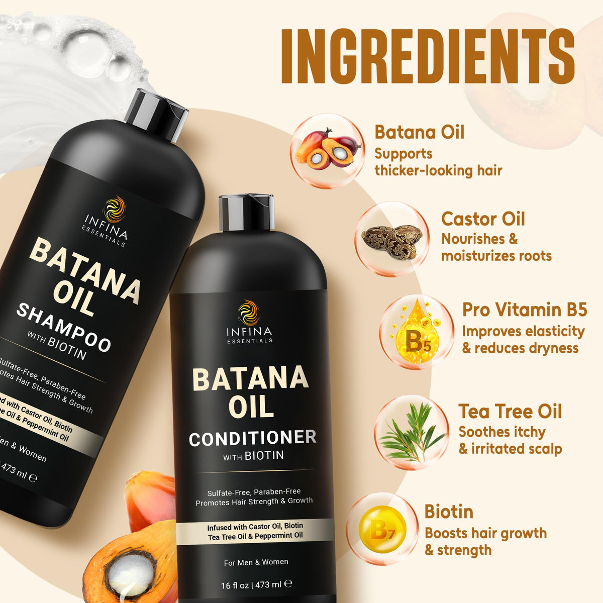 Close-up of INFINA ESSENTIALS Batana Oil Shampoo texture