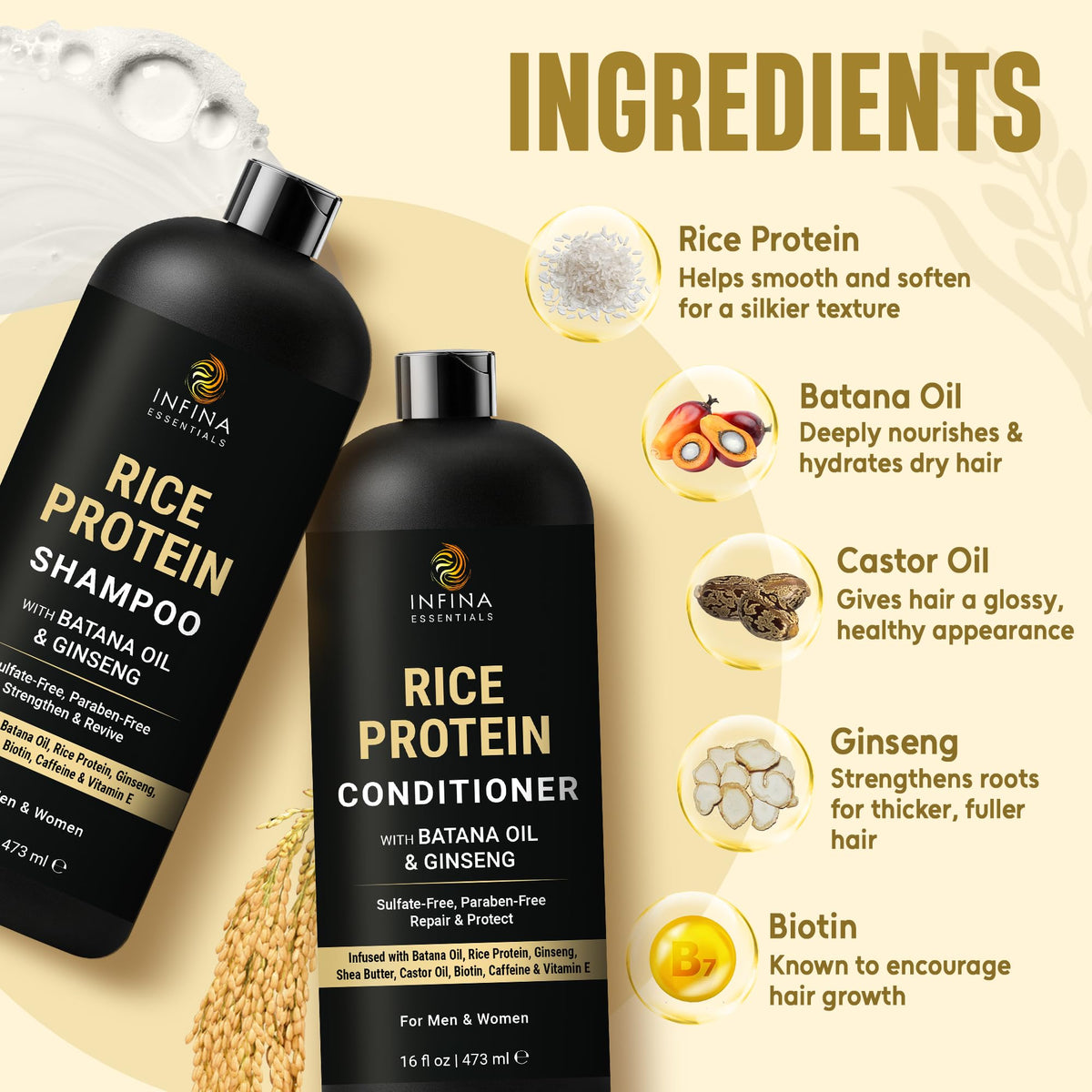 Close-up of INFINA ESSENTIALS Rice Water Shampoo bottle