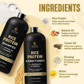 Close-up of INFINA ESSENTIALS Rice Water Shampoo bottle
