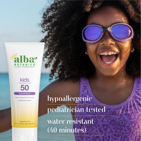 Close-up of ingredients in Alba Botanica Kids Sunscreen Lotion