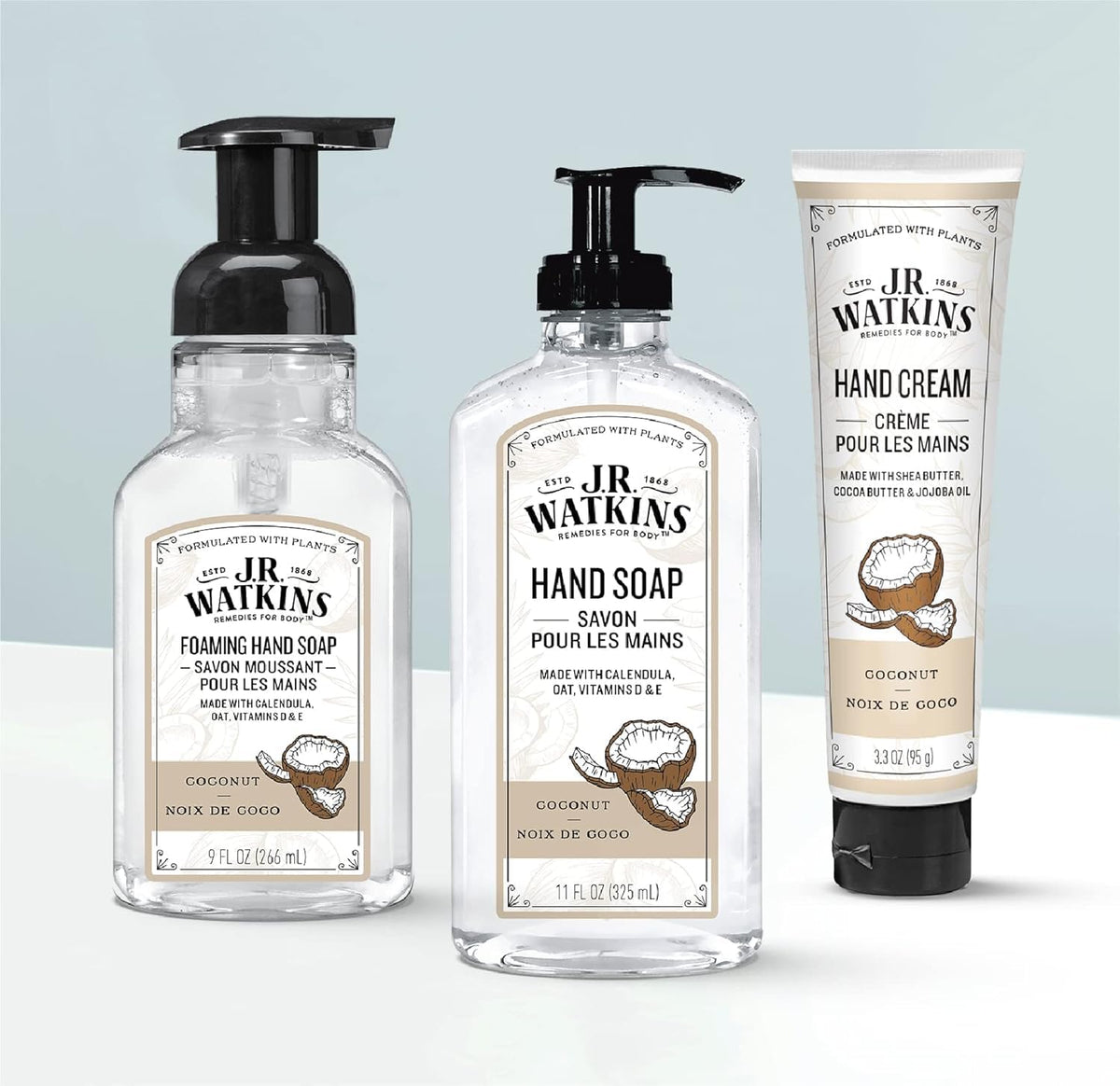 Close-up of J.R. Watkins Coconut Foam Hand Soap dispenser