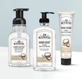 Close-up of J.R. Watkins Coconut Foam Hand Soap dispenser