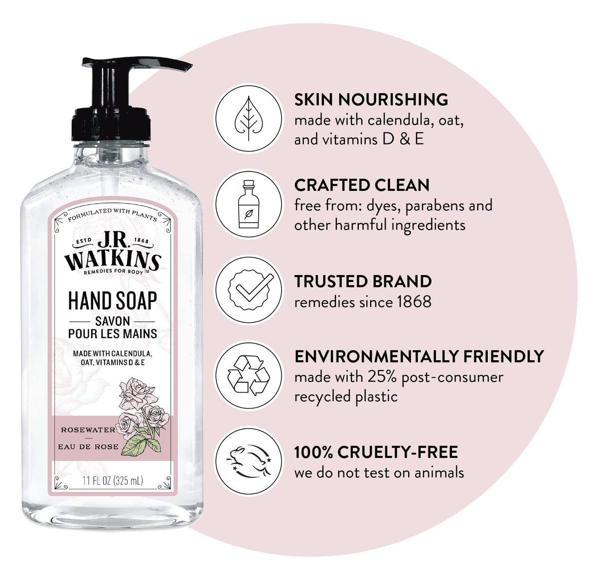 Close-up of J.R. Watkins Gel Hand Soap dispenser with rosewater scent