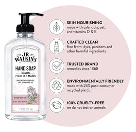 Close-up of J.R. Watkins Gel Hand Soap dispenser with rosewater scent