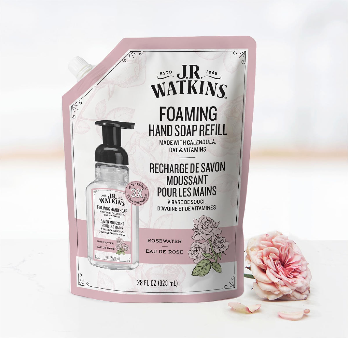 Close-up of J.R. Watkins Rosewater Foam Hand Soap refill pouch