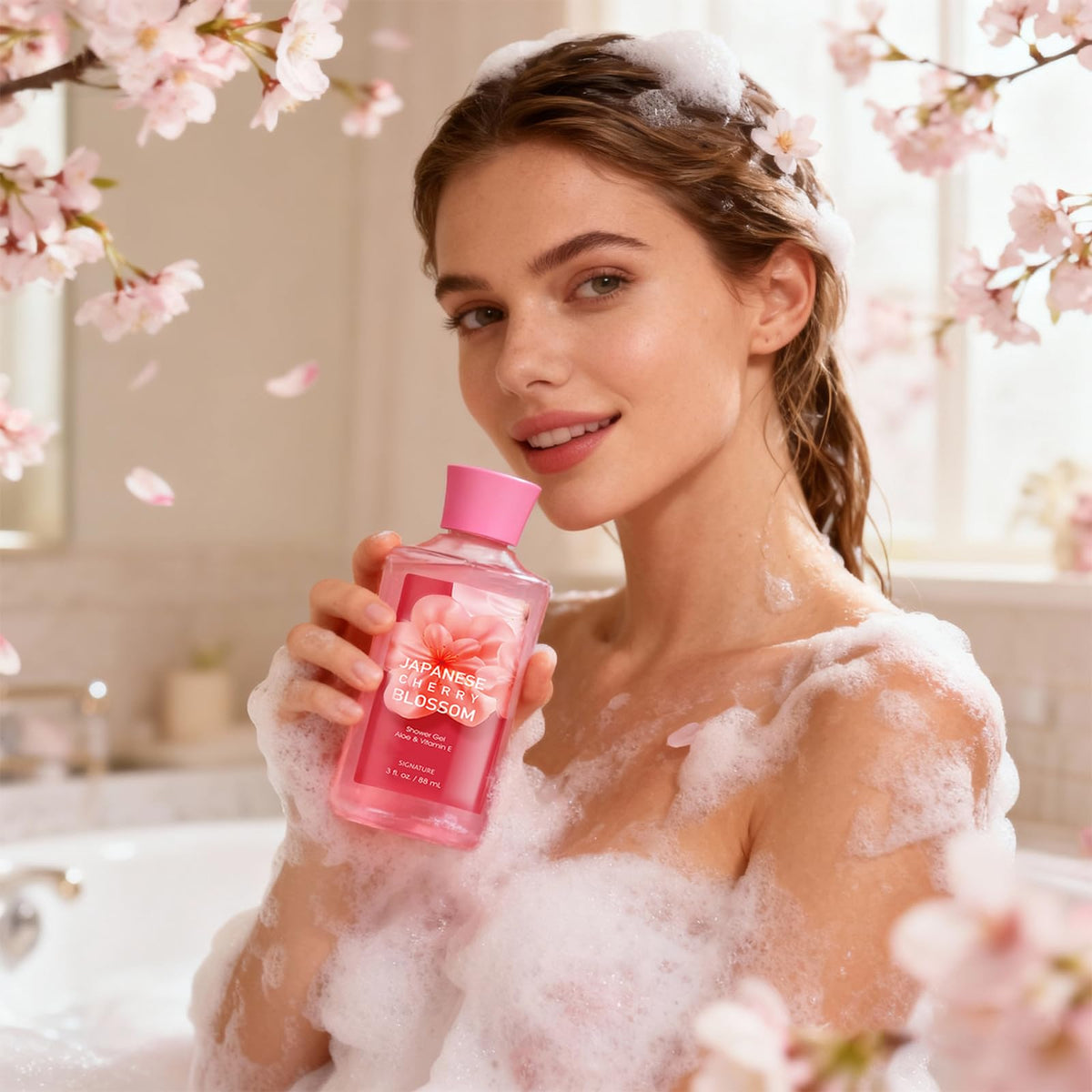 Close-up of Japanese Cherry Blossom shower gel bottle