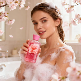 Close-up of Japanese Cherry Blossom shower gel bottle