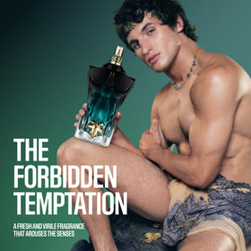 Close-up of Jean Paul Gaultier Le Beau Le Parfum Intense bottle design