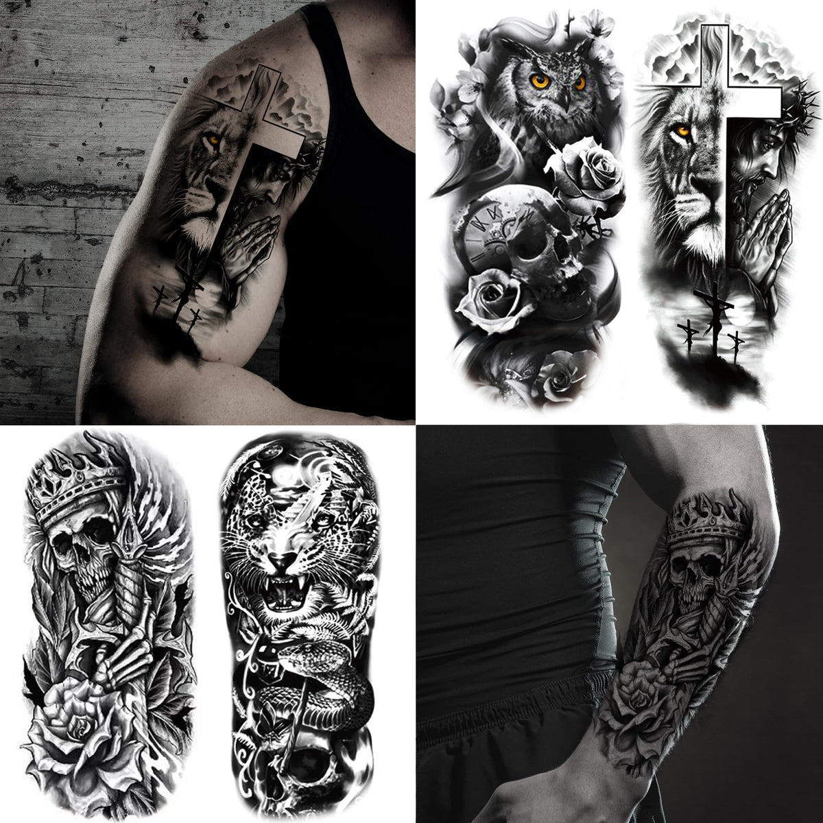 Close-up of JEEFONNA black 3D half sleeve temporary tattoo