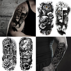 Close-up of JEEFONNA black 3D half sleeve temporary tattoo