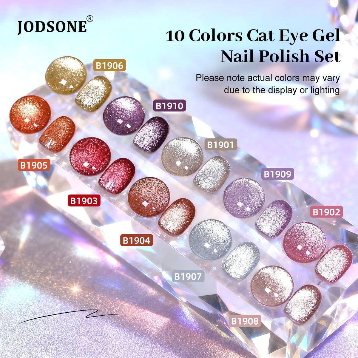 Close-up of JODSONE cat eye gel polish bottles in various colours