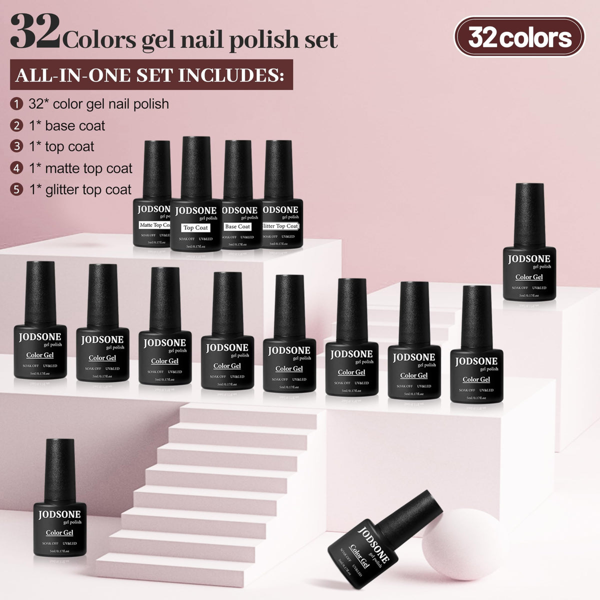 Close-up of JODSONE gel nail polish bottles in various colours