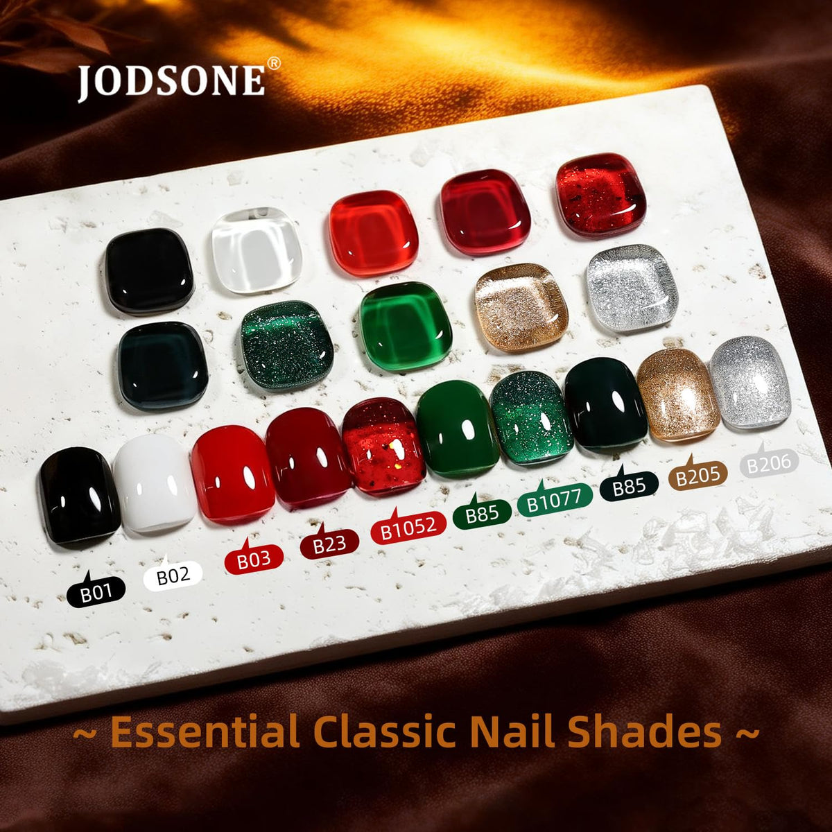 Close-up of JODSONE gel nail polish bottles in various colours