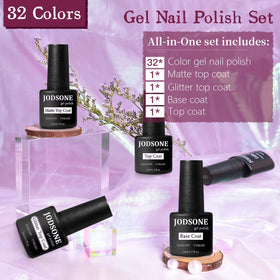 Close-up of JODSONE gel nail polish bottles showing glitter finishes