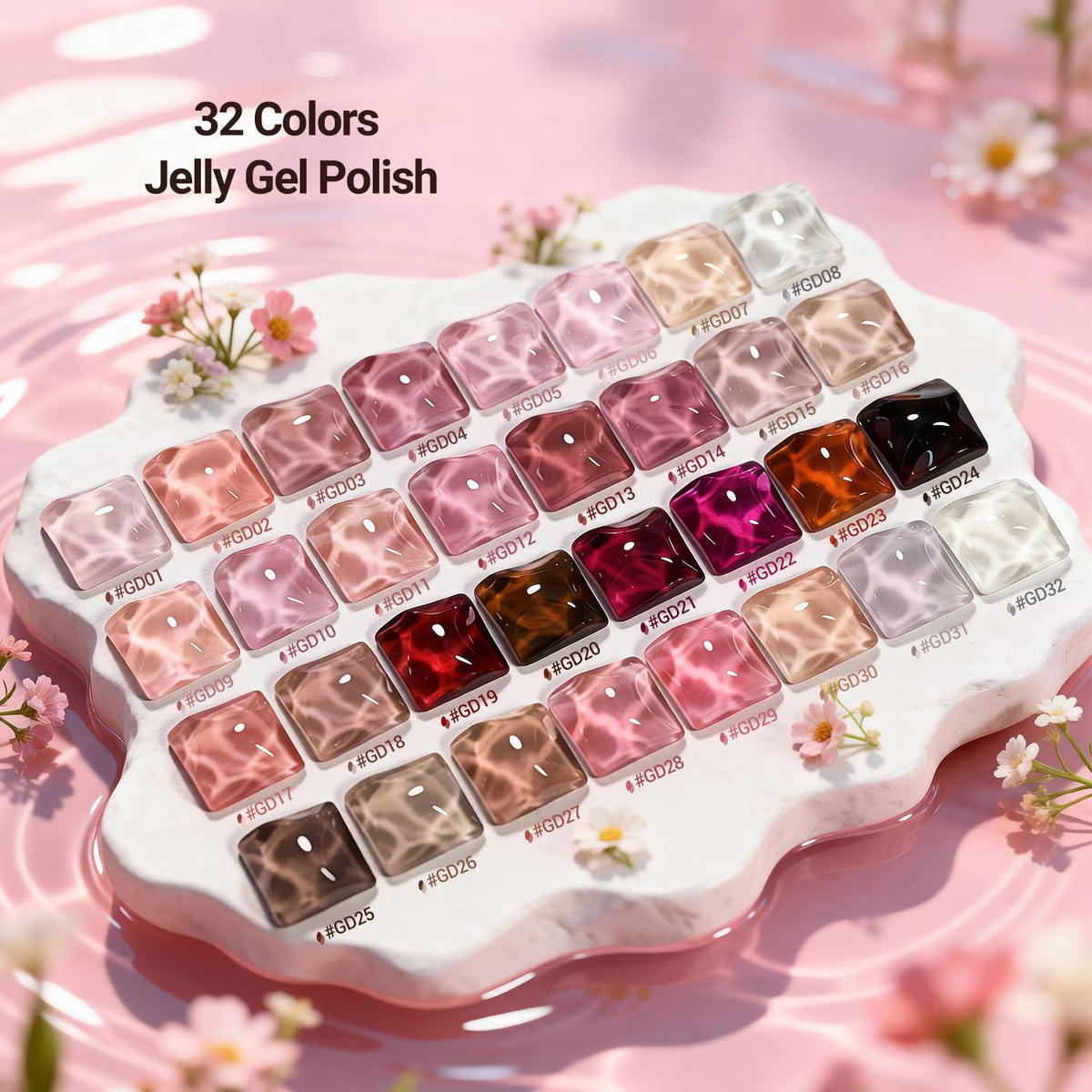 Close-up of JODSONE jelly gel nail polish bottles in various colours