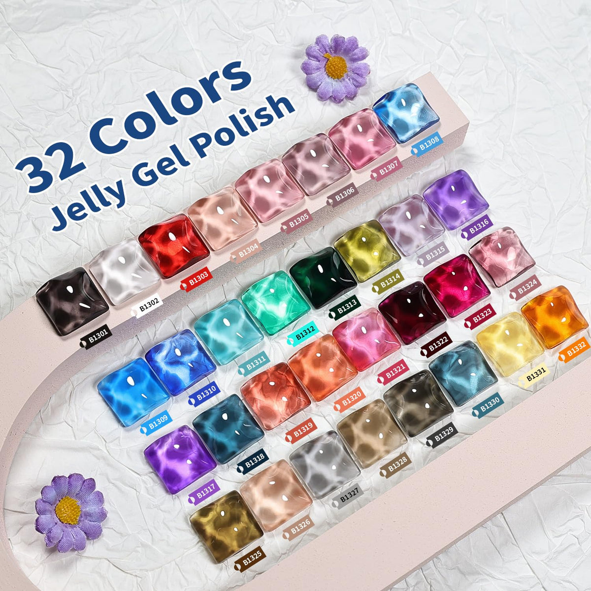 Close-up of JODSONE jelly gel polish bottles in various colours