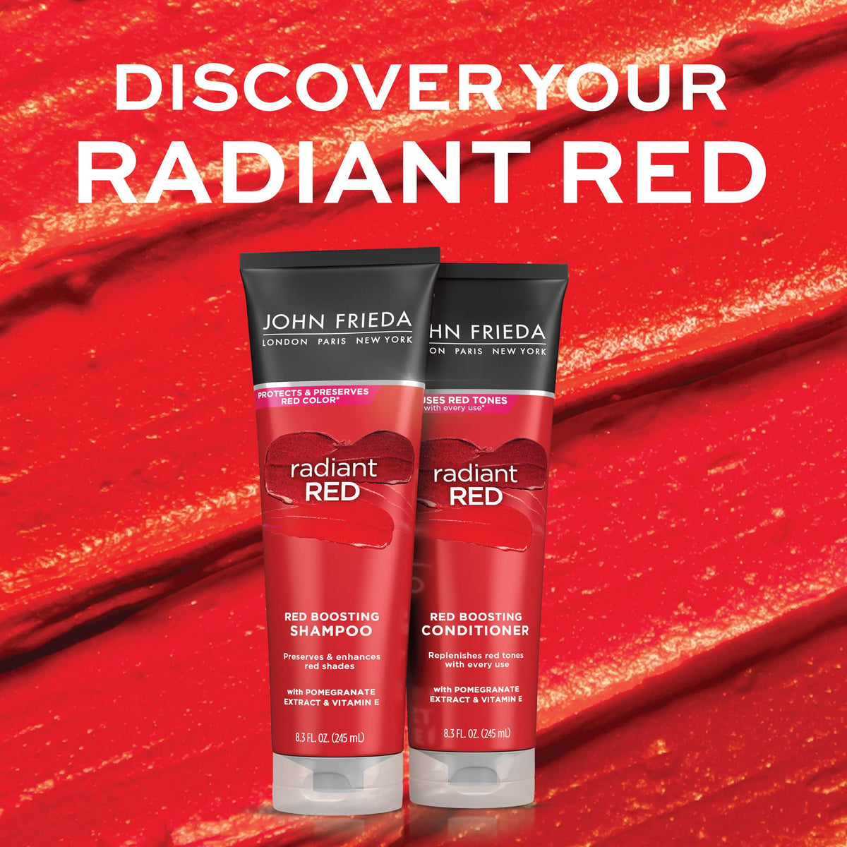 Close-up of John Frieda Radiant Red support Shampoo 8.3 Oz label