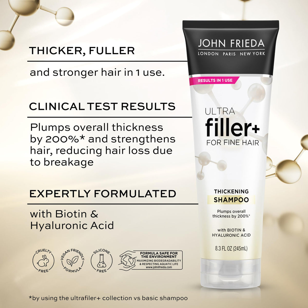 Close-up of John Frieda ULTRAfiller+ Thickening Shampoo bottle