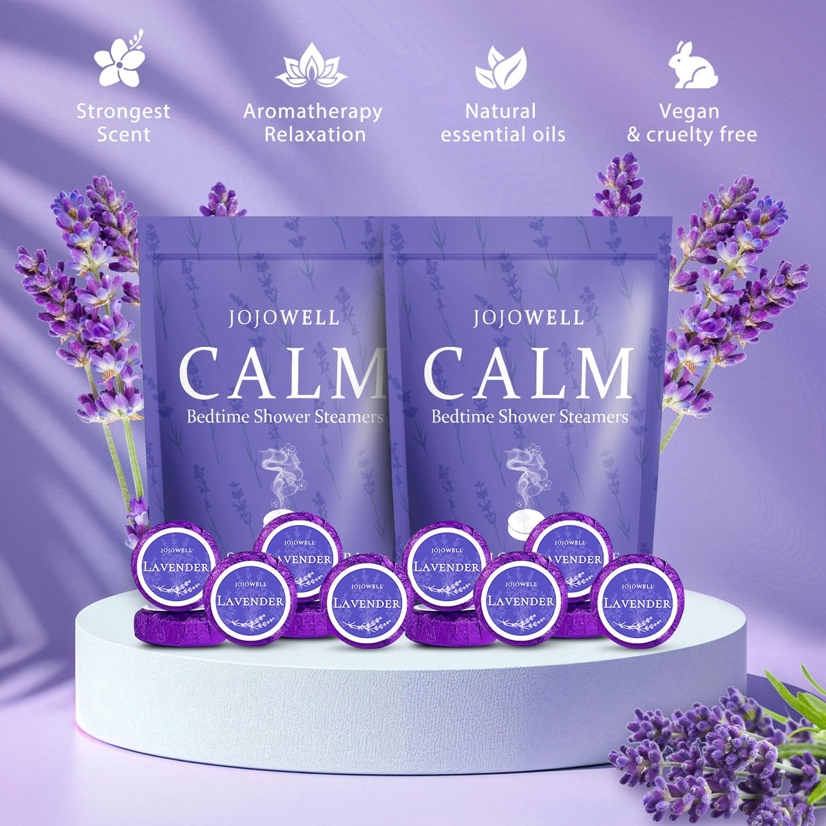 Close-up of JoJowell Lavender Shower Steamer dissolving in water
