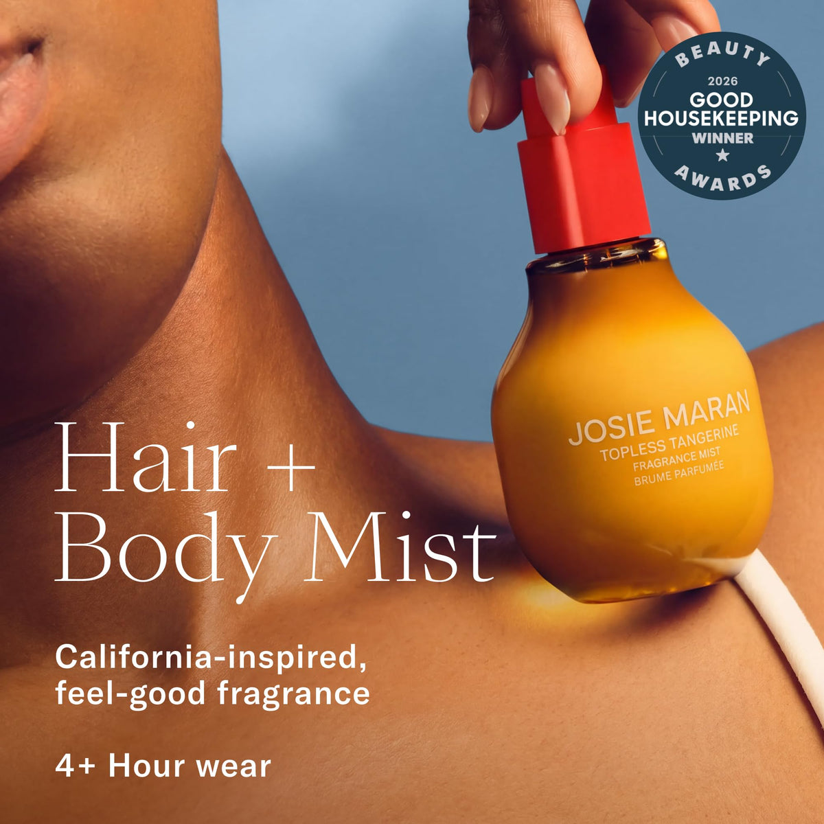 Close-up of Josie Maran Vanilla Vibezzz fragrance mist bottle