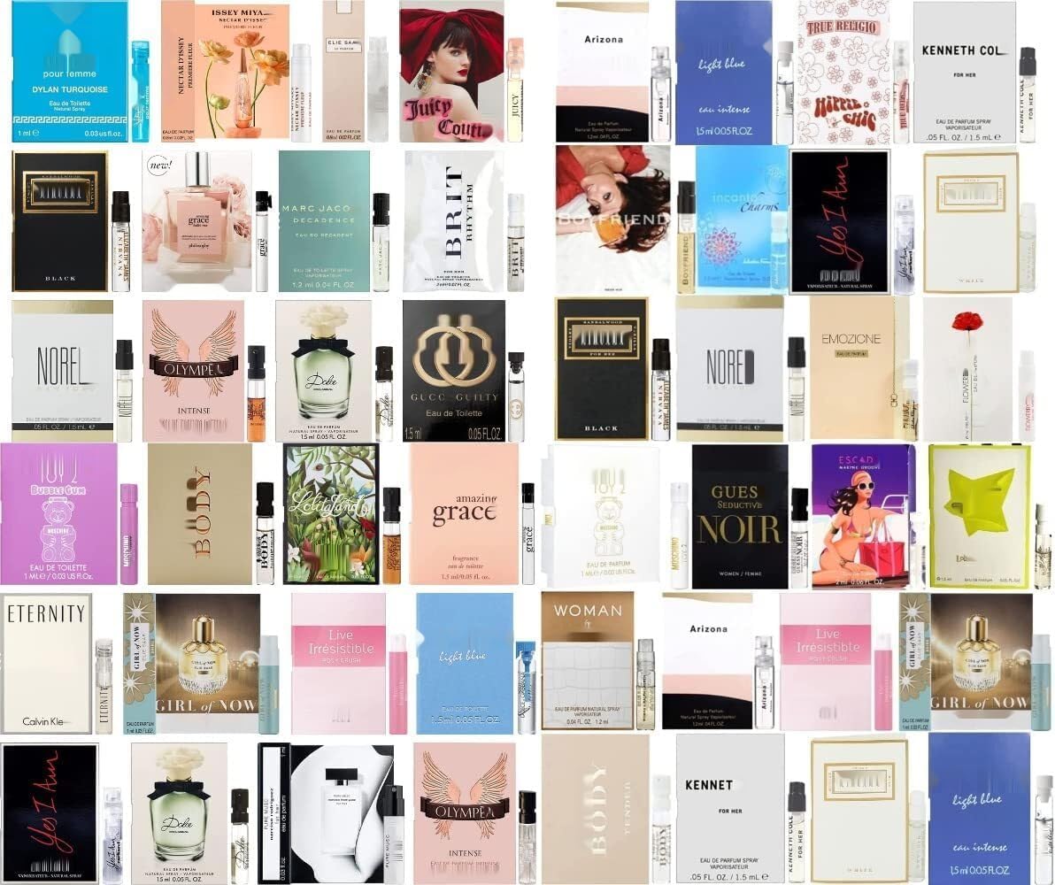 Close-up of JRoBeauty fragrance sample vials with labels visible