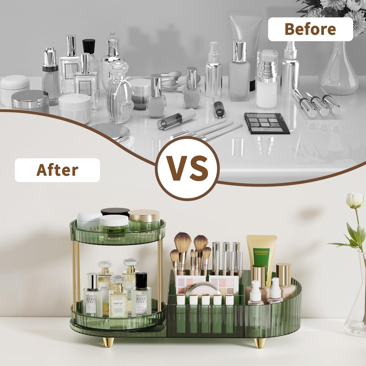 Close-up of Jywantful makeup organizer's rotating feature